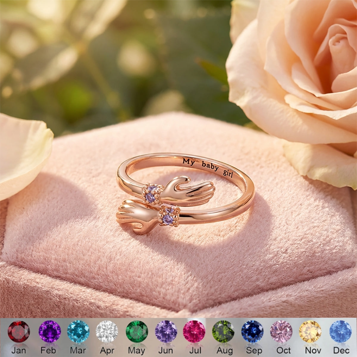 Personalized Birthstone Hug Ring With Text | Birthday Anniversary Valentine's Day Gift For Her
