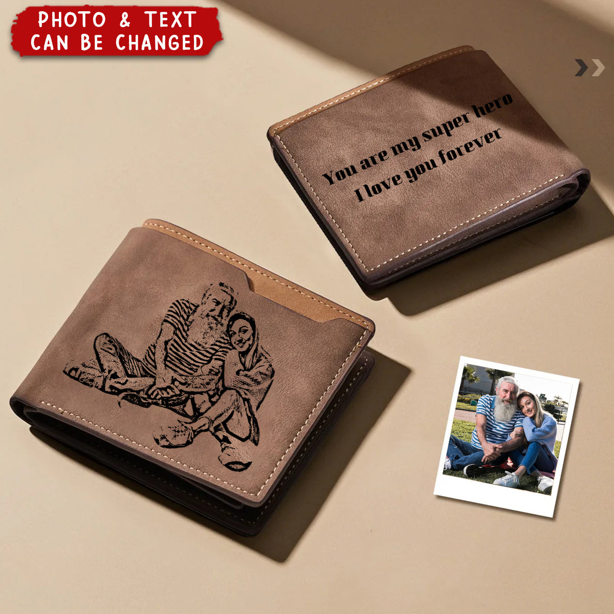 Personalized Engraved Photo Leather Short Wallet For Men Father's Day Gift