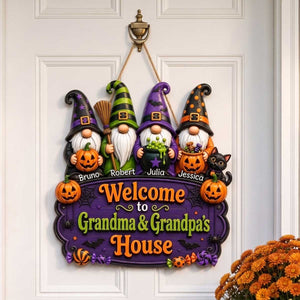 Personalized Wooden Sign With Halloween Gnomes & Pumpkins | Unique Gift For Grandparents