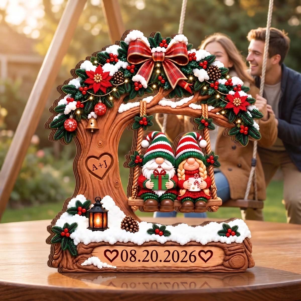 Christmas Couple on Snowy Tree Swing - Personalized Couple Tree Swing Wooden Block For Couple Christmas Anniversary Gift