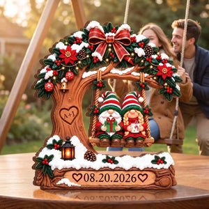 Christmas Couple on Snowy Tree Swing - Personalized Couple Tree Swing Wooden Block For Couple Christmas Anniversary Gift