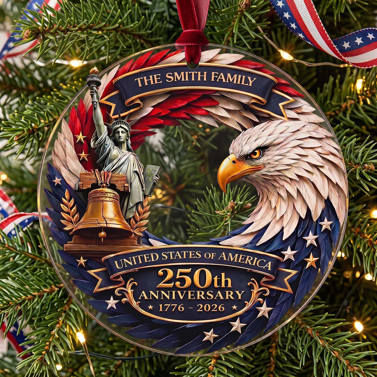 Personalized USA 250th Anniversary Eagle Ornament | Patriotic Family Christmas Gift