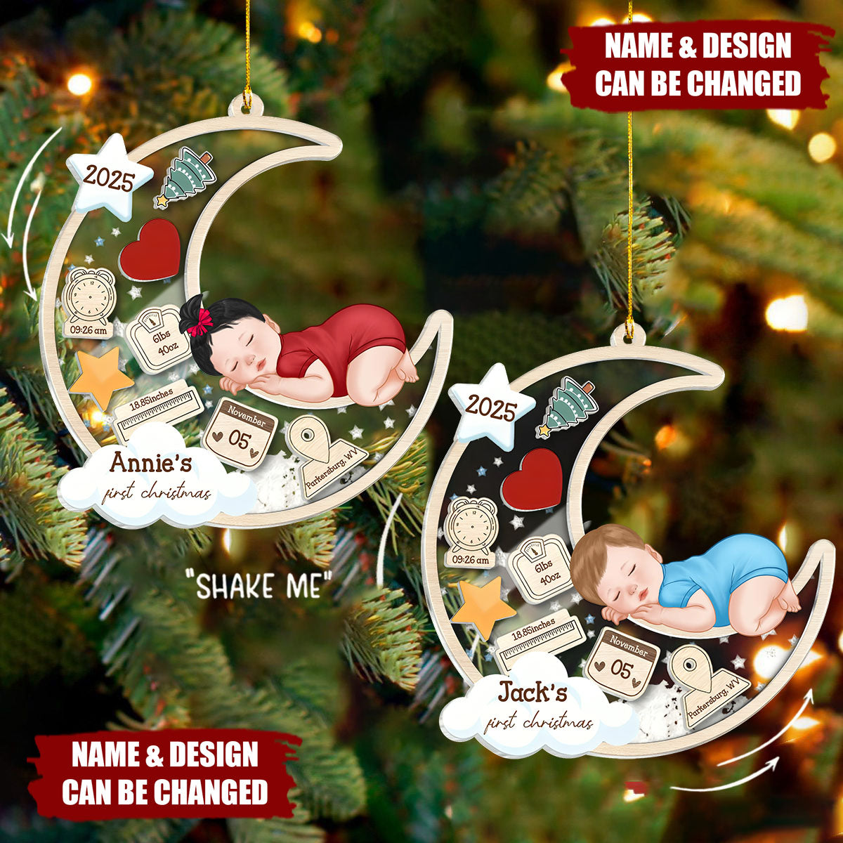 Personalized Baby Sleeping on the Moon 4D Shaker Ornament - Customize Name, Commemorate The First Christmas, Get Baby's Exclusive Christmas Memory