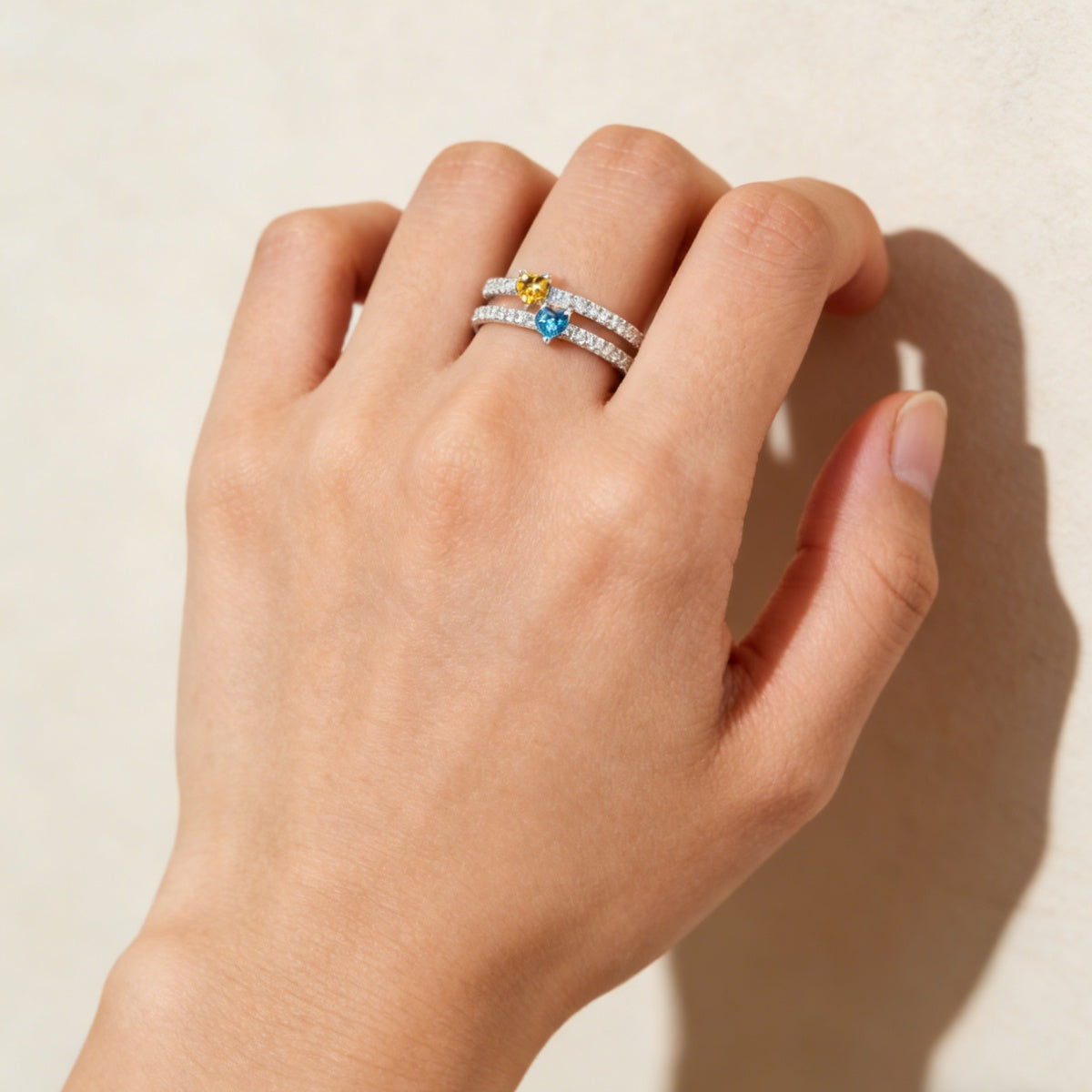 Personalized Double Band Eternity Promise Ring With Two Heart Birthstones - Luxury Valentine's Day Anniversary Gift For Girlfriend & Wife