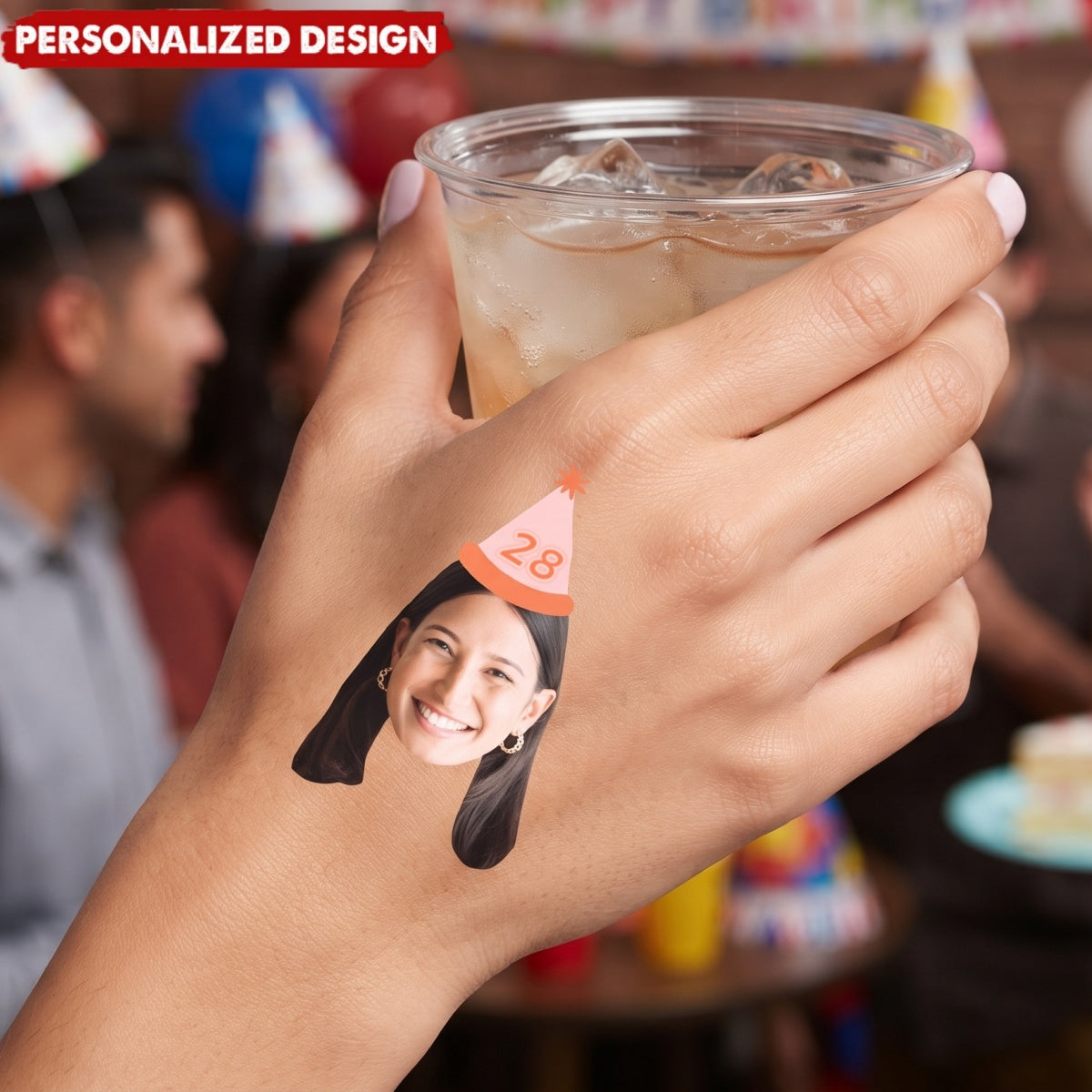 Custom Fun Face Temporary Tattoos With Party Hat & Age - Birthday Party Favors & Gag Gift For Adults