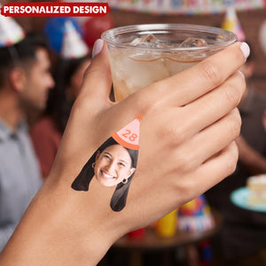 Custom Fun Face Temporary Tattoos With Party Hat & Age - Birthday Party Favors & Gag Gift For Adults