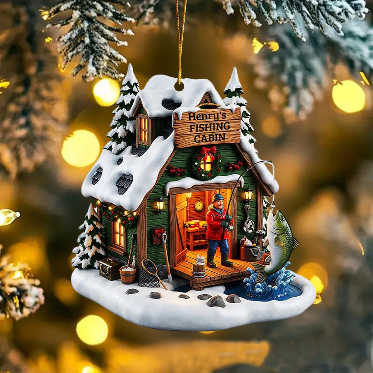 Personalized Fishing Cabin Ornament With Name,Enjoy Winter Fishing Fun For Dad husband & Fishing Lover