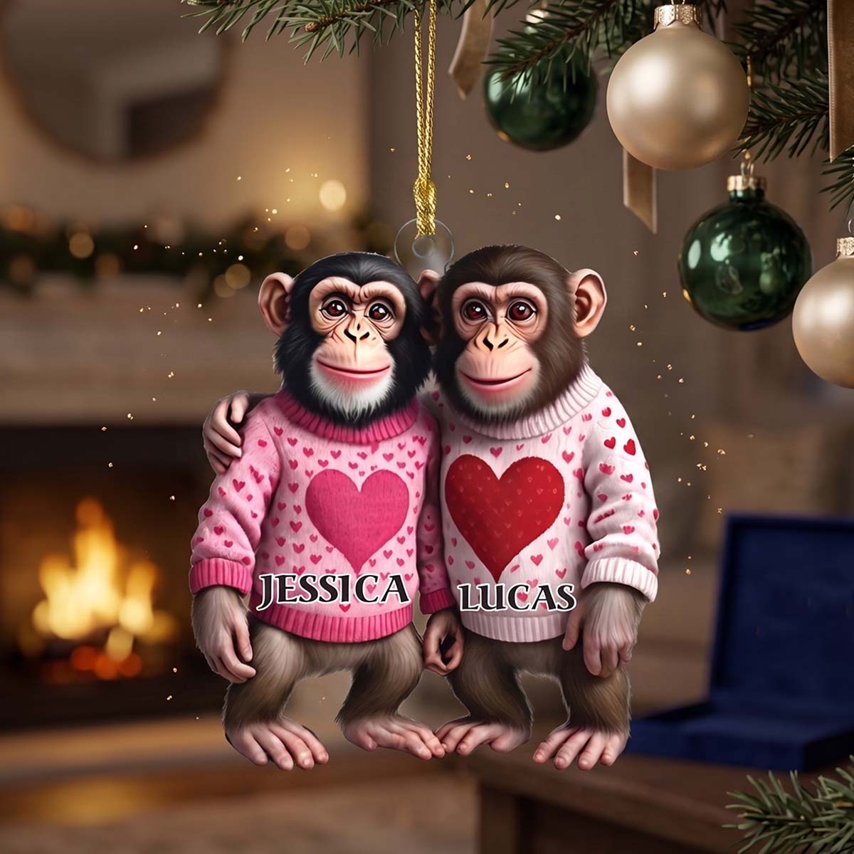 Personalized Couple Monkey Acrylic Ornament With Heart Sweater Design | Christmas Valentine Gift