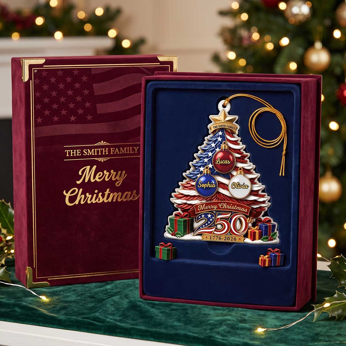 Personalized America's 250th Family Christmas Tree Acrylic Ornament - Christmas Gift For Family
