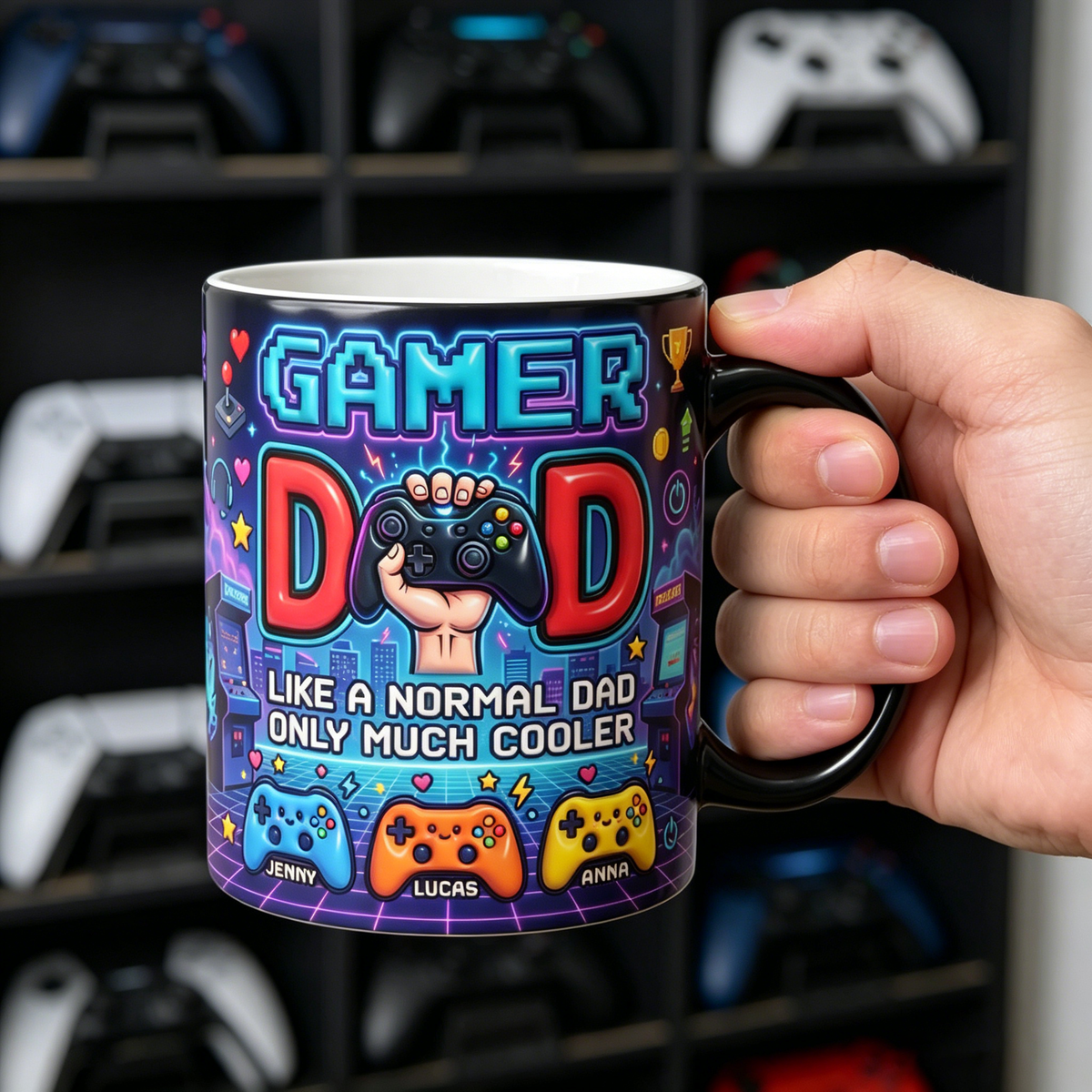 Personalized Mini Arcade Handheld Cyberpunk Mug With Kids Names - Father's Day Gift For Gamer Dad
