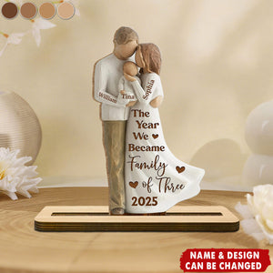 Personalized Family Of Three Wood Plaque With Names & Design | The Year We Became Family Of Three | Heartwarming Gift For New Parents