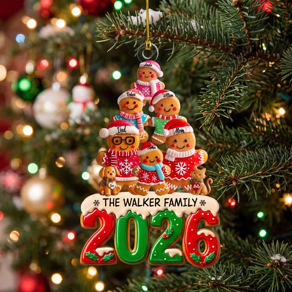 Personalized Gingerbread Family Christmas Tree Acrylic Ornament | Holiday Keepsake Gift For Family
