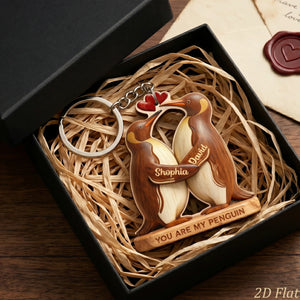 Personalized Wooden Keychain You Are My Penguin - Custom Name Anniversary Gift For Couples