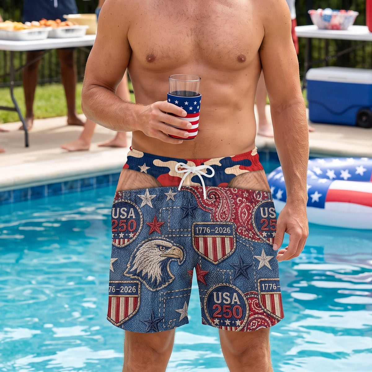 Custom Funny Patriotic Men Swim Trunks - America 250th Gift For Husband Son