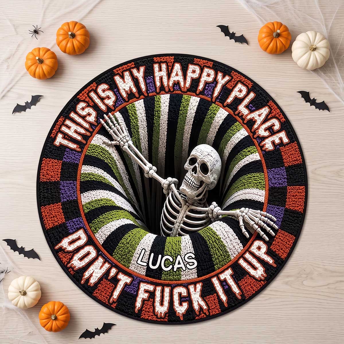 Personalized Halloween Skeleton Doormat With "This Is Our Happy Place" | 3D Effect Home Decor For Gothic Lovers