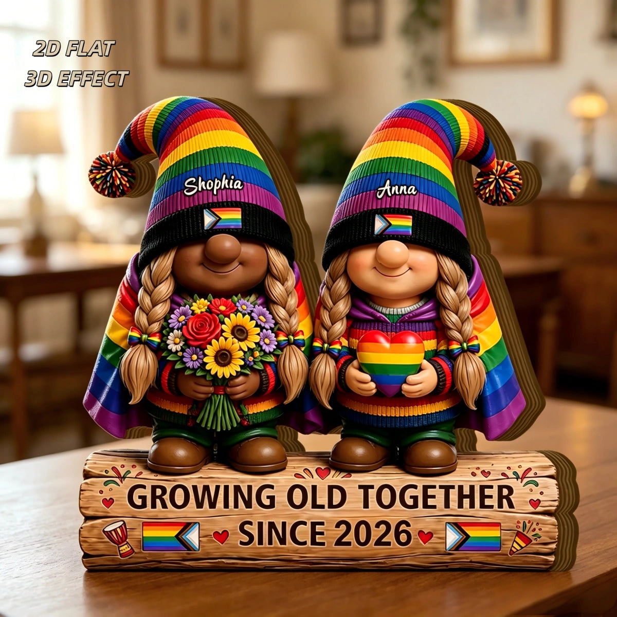 Personalized  "Growing Old Together" Gnome Wood Blocke With Name & Year — Anniversary Gift For Couple