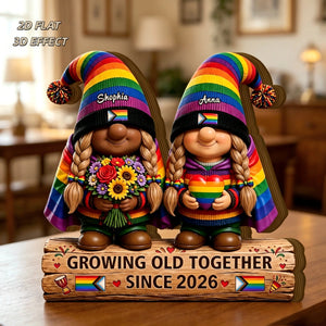 Personalized  "Growing Old Together" Gnome Wood Blocke With Name & Year — Anniversary Gift For Couple