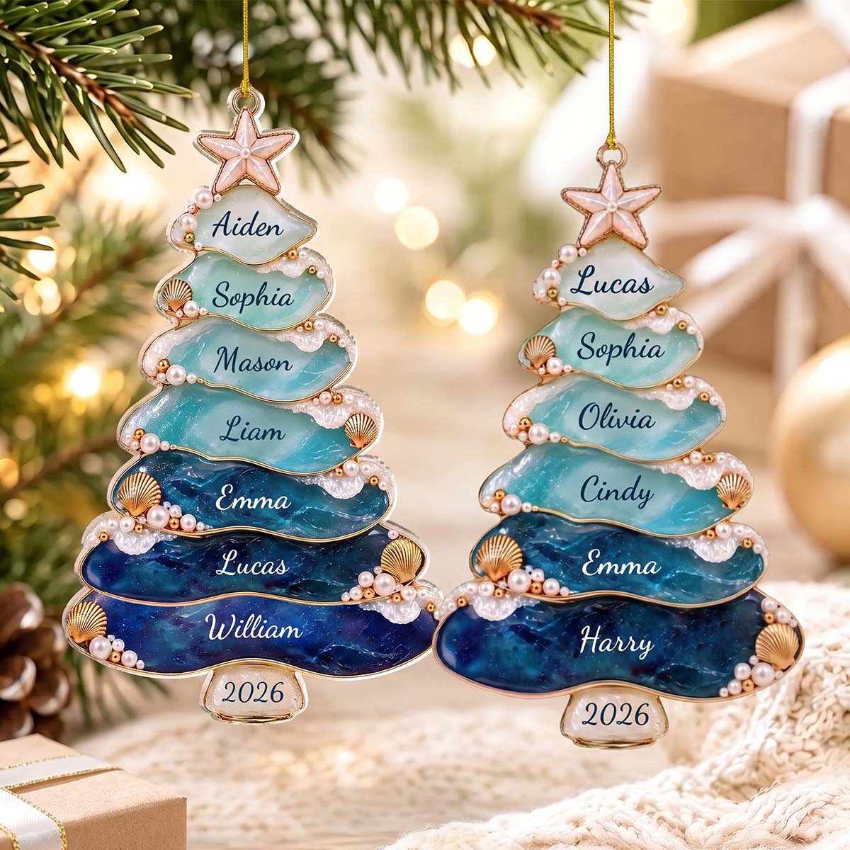 Personalized Sea Glass Family Christmas Tree Acrylic Ornament | Coastal Christmas Gift For Family