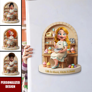 Personalized 3D Effect Sweet Baking Girl Fridge Magnet With Name & Character | Creative Bakers Gift For Mom Daughter Cooking Lovers
