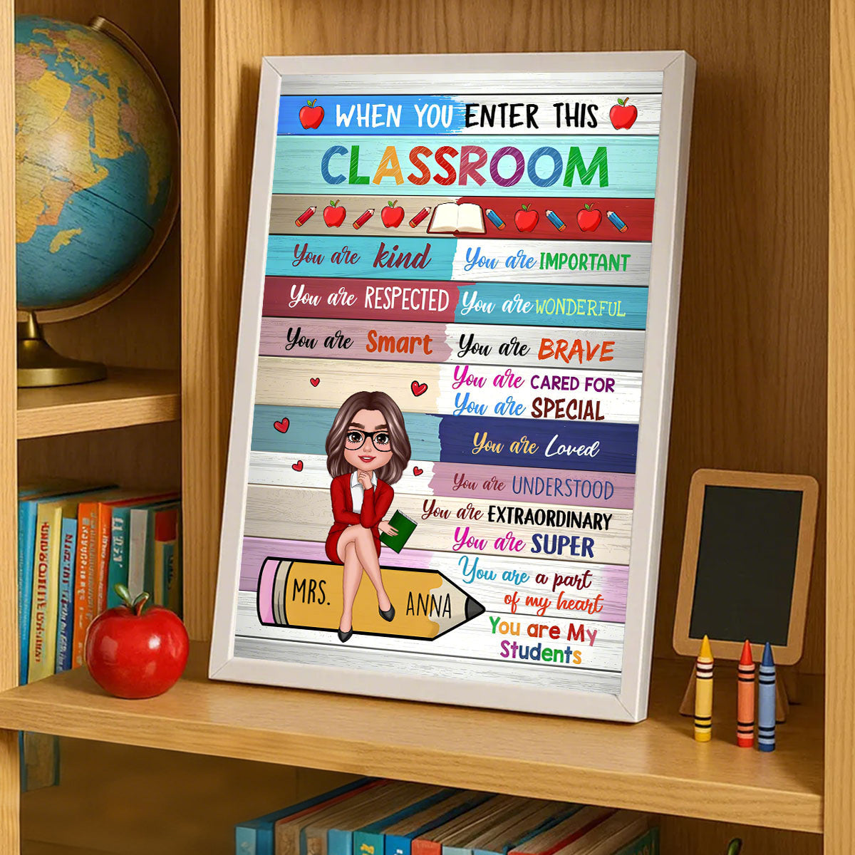 Colorful Teacher Sitting On Pencil Personalized Poster, Classroom Decoration