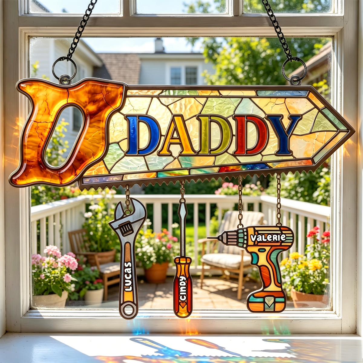 Personalized Daddy's Tool Kid Suncatcher Ornament With 1-6 Names & Design - Unique Father's Day Gift