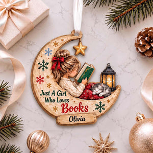 Personalized Girl Reading Book Wooden Ornament With Cat | Book Lover Christmas Tree Gift For Bookworm Girls