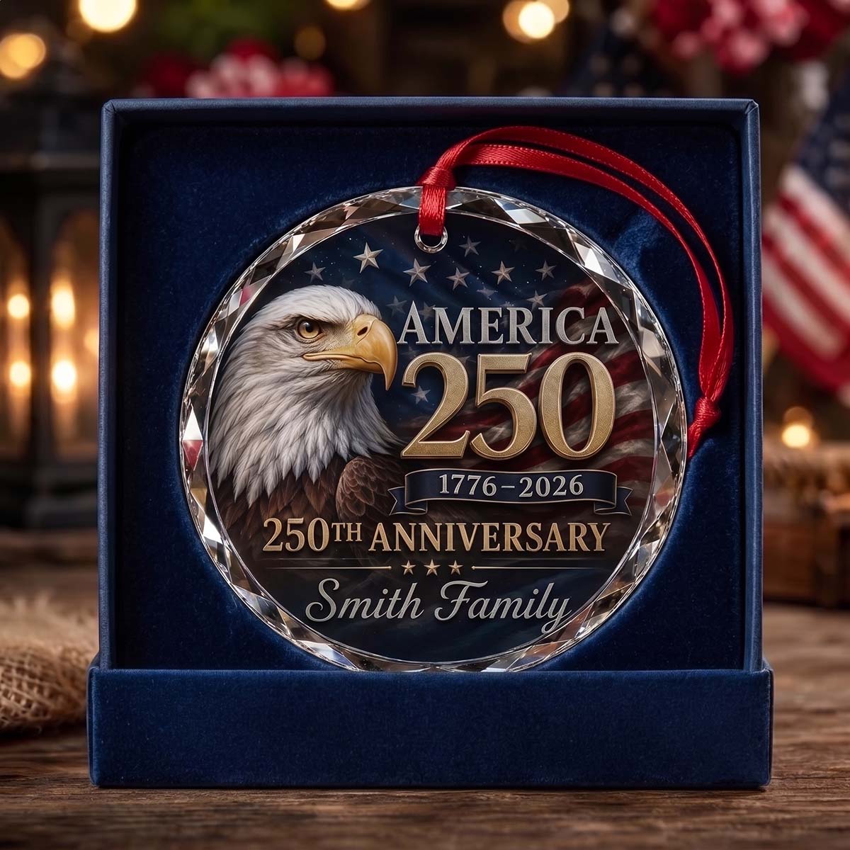 Personalized Bald Eagle America 250th Glass Ornament | 1776-2026 Patriotic Christmas Family Keepsake