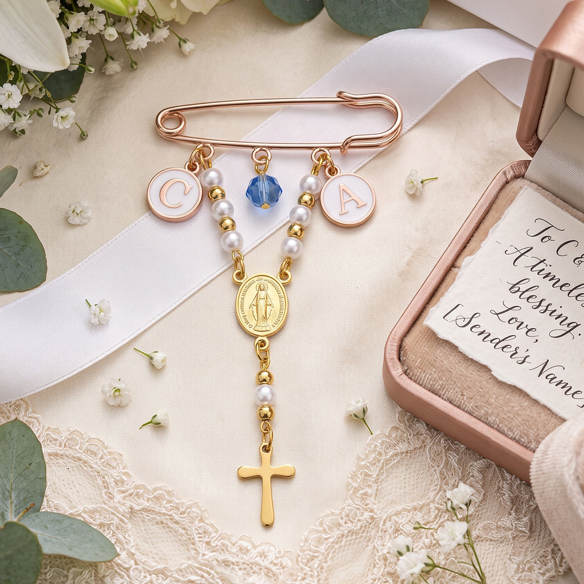 Personalized Initial Rosary Brooch Pin  | Wedding Birthday Gift For Bridal Couple