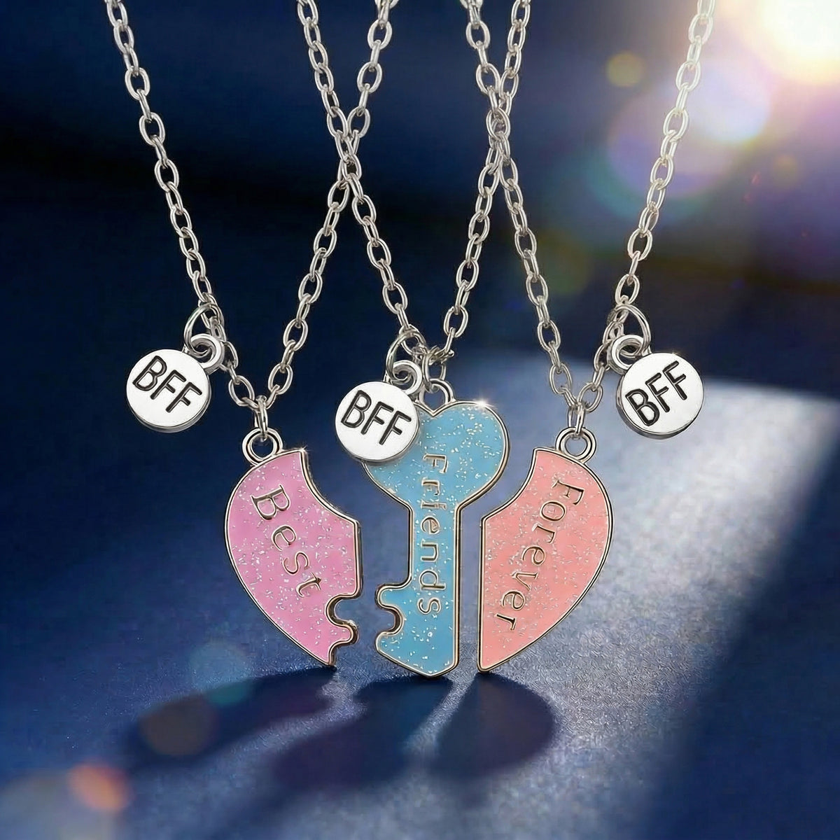 "Best Friends Forever" Magnetic Heart Puzzle Necklace 3-Piece Set | Graduation Friendship Gift For Besties & Sisters
