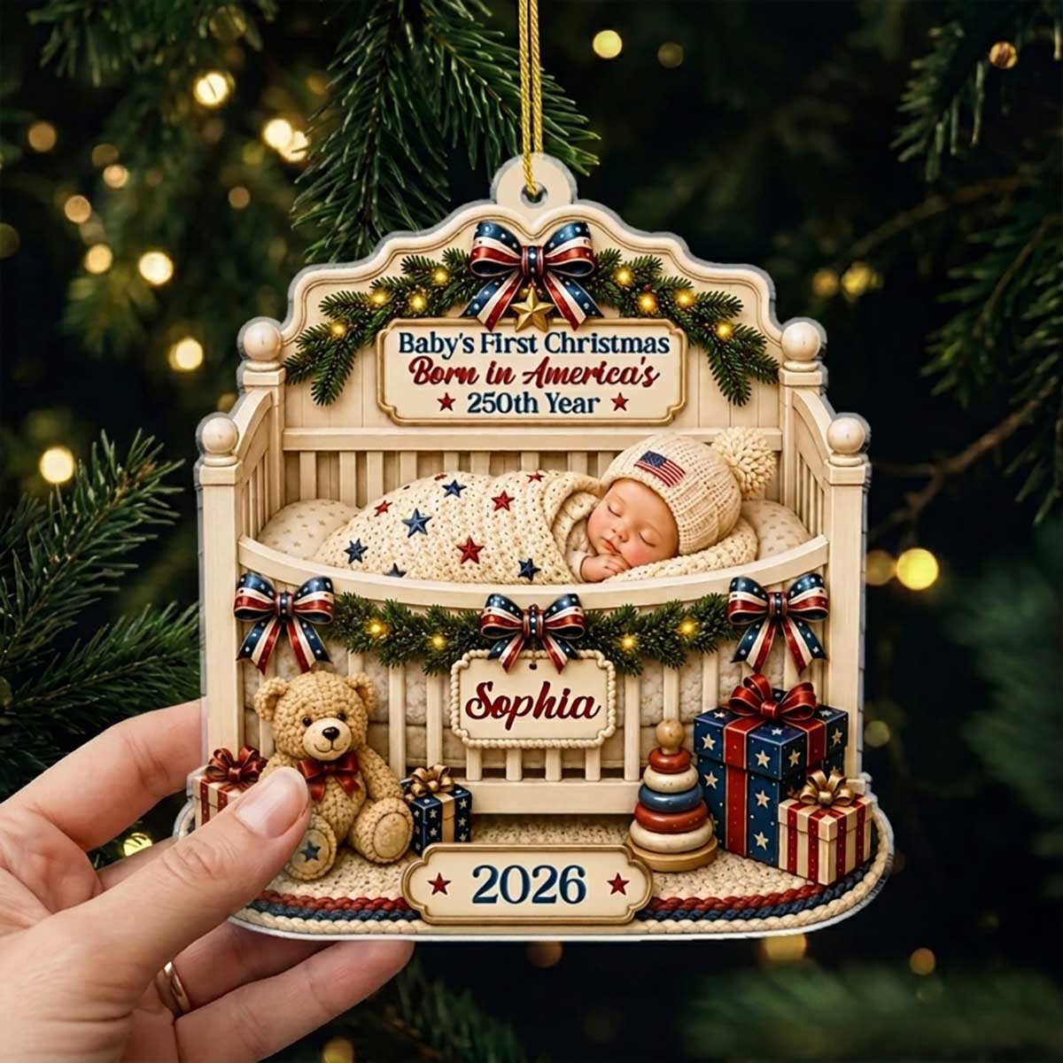 Personalized Baby’s First Christmas Born in America’s 250th Crib Acrylic Ornament - Gift For Family