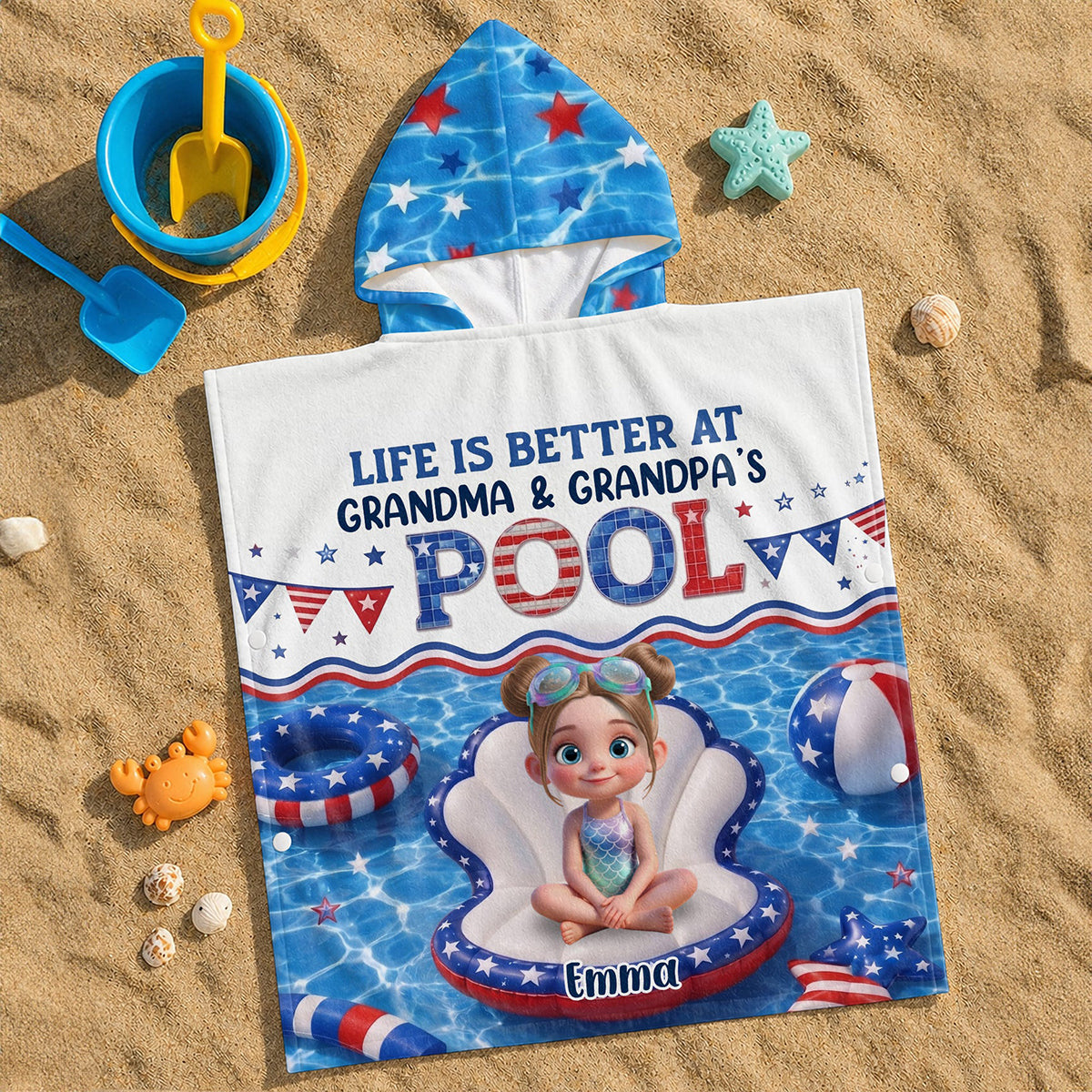 Personalized Kids Hooded Beach Towel With "Life Is Better At Grandma Pool" | Kids 4th Of July Pool Gift