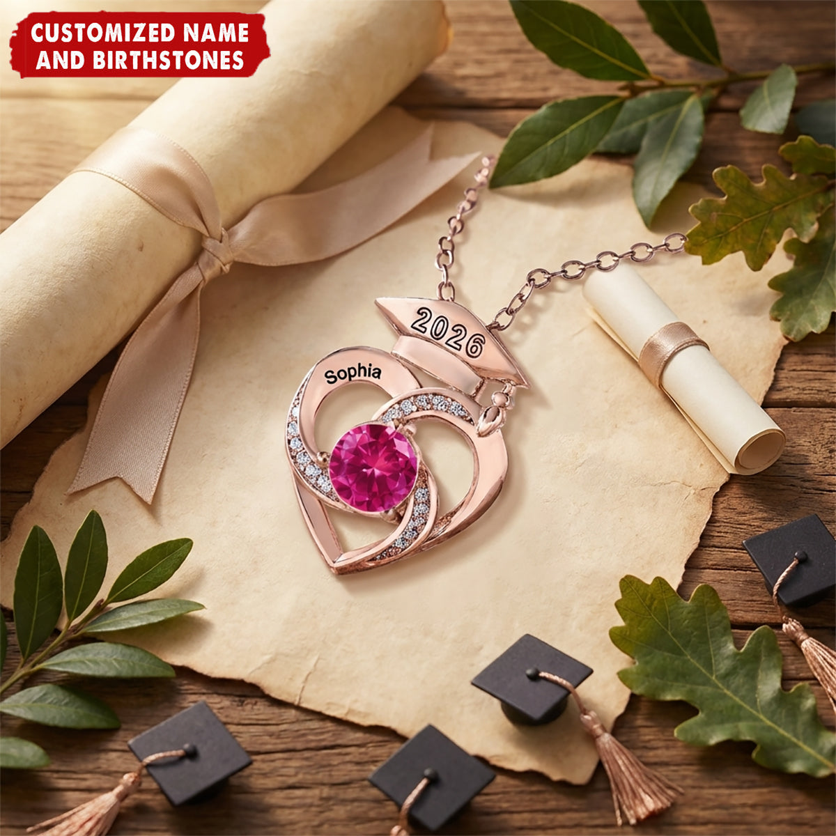 Personalized Graduation Cap Heart Necklace With Birthstone & Name |  Graduation Gift For Graduates Family Friends