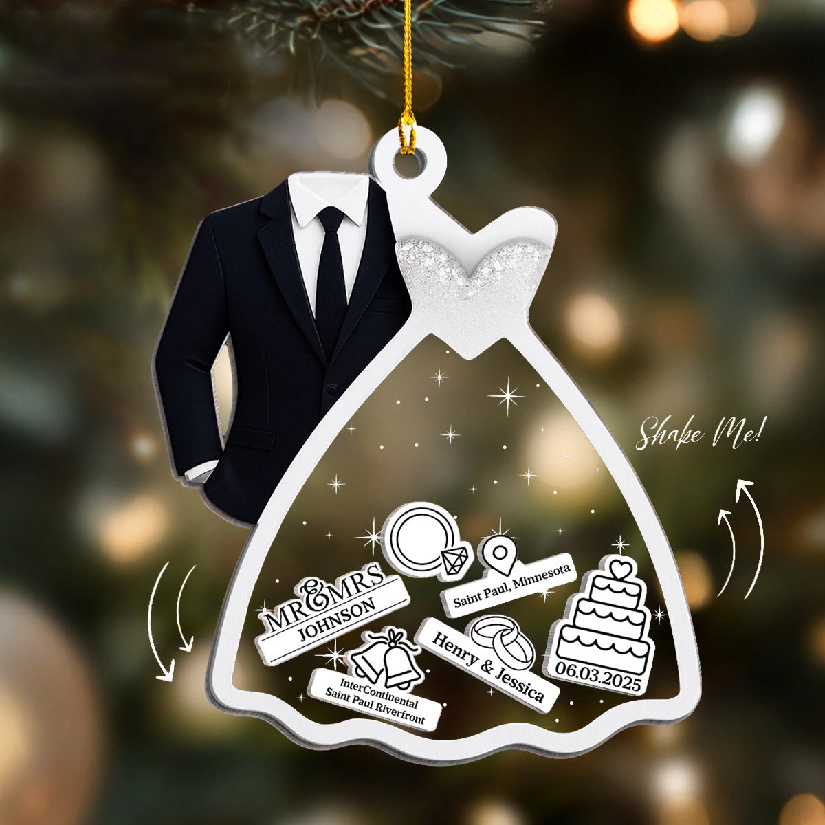 Personalized Wedding Dress & Suit Shaker Ornament - Custom Name, Date & State | Anniversary Christmas Wedding Gifts For Couple & Newlyweds