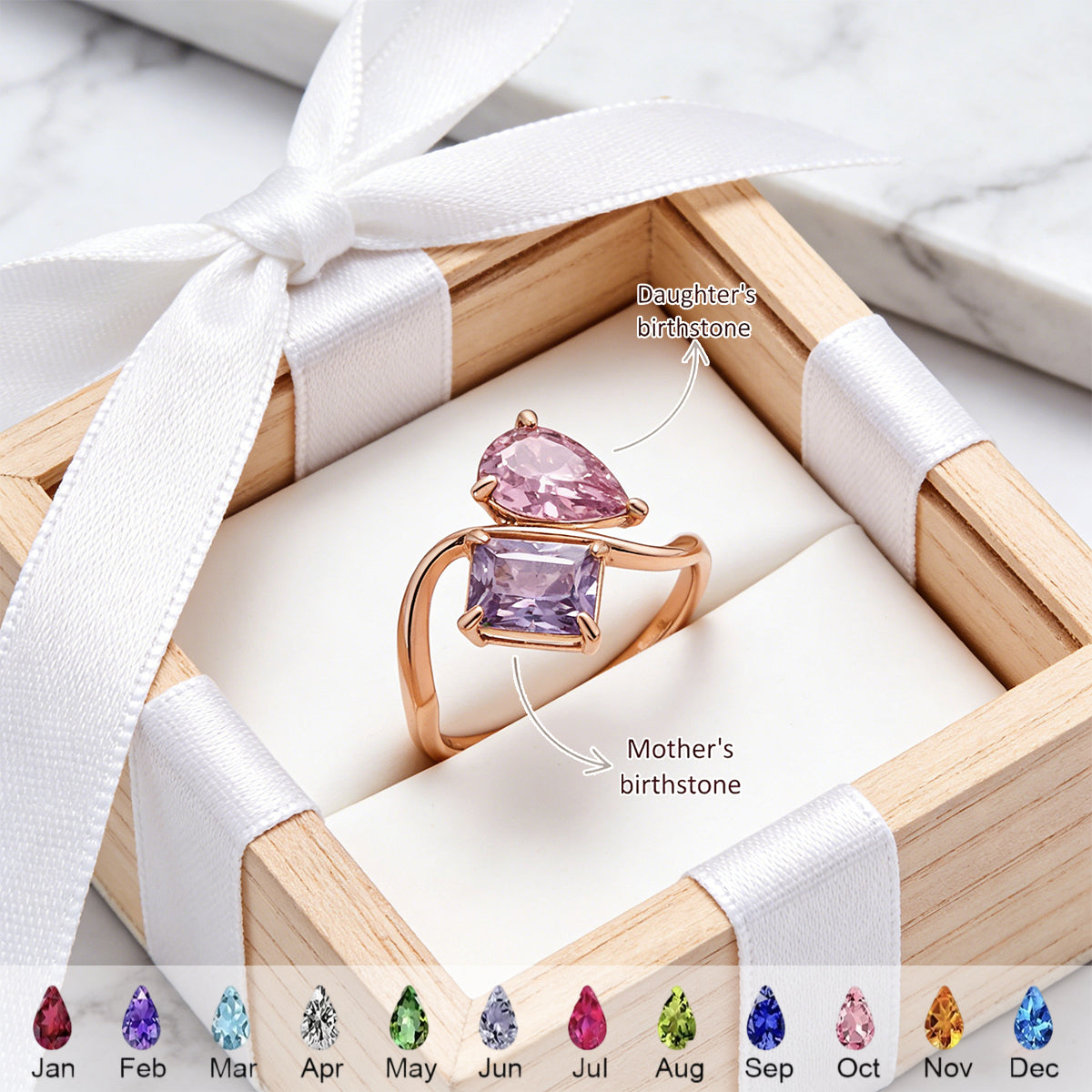 Mother & Daughter Double Birthstones Infinity Bonds Ring