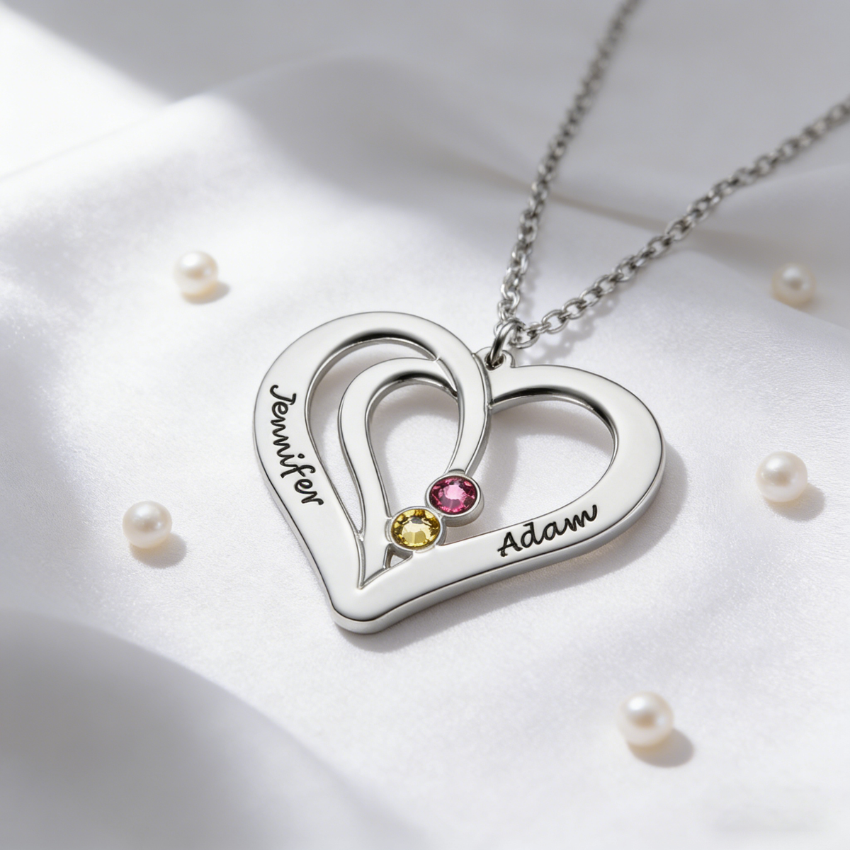 Personalized Dual Birthstones Couples Heart Jewelry Necklace With Engraved Names - Valentine's Day Anniversary Gift For Girlfriend