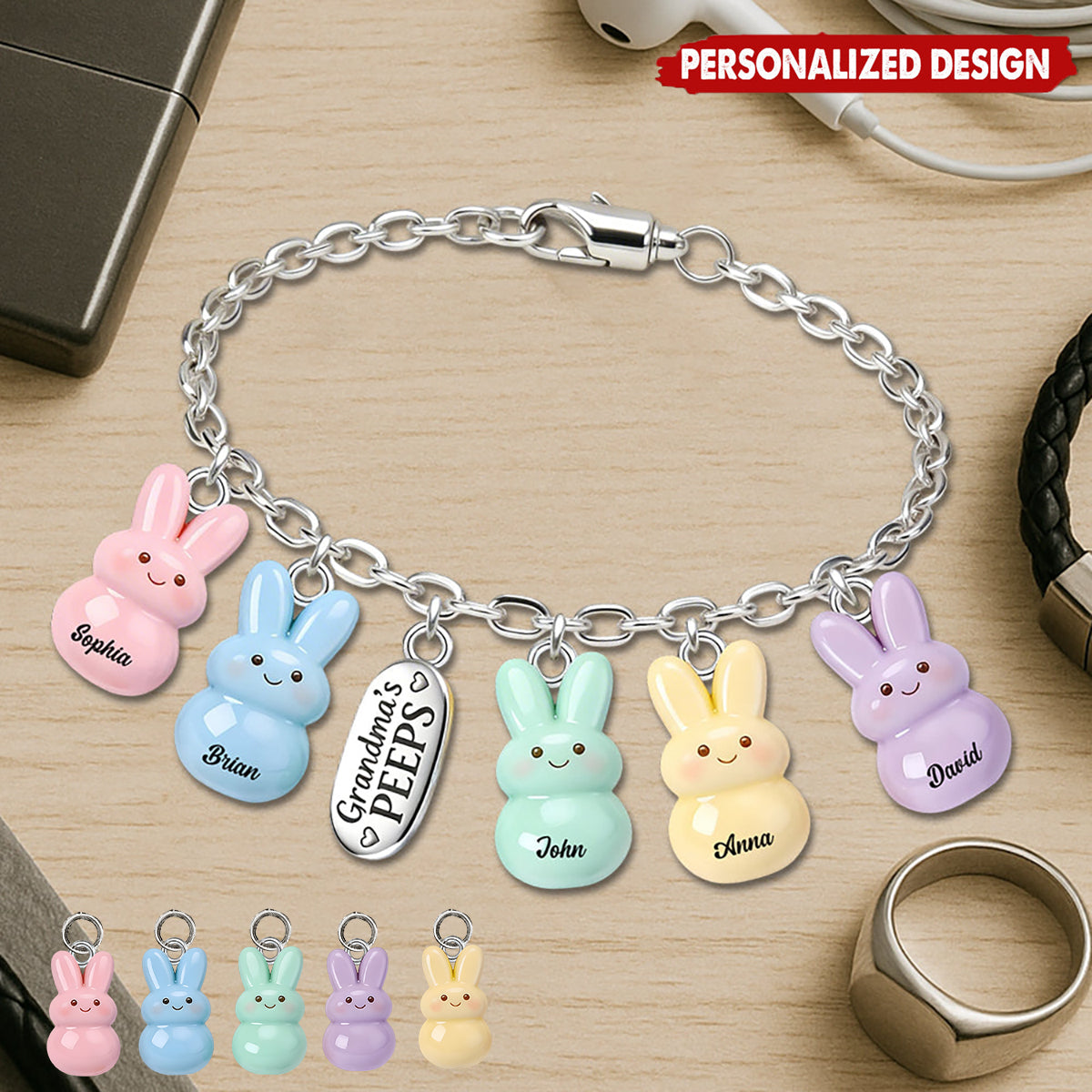 Personalized Grandma's Peeps Bunny Charm Bracelet With Names | Easter Mother's Day Gift For Grandma Mom