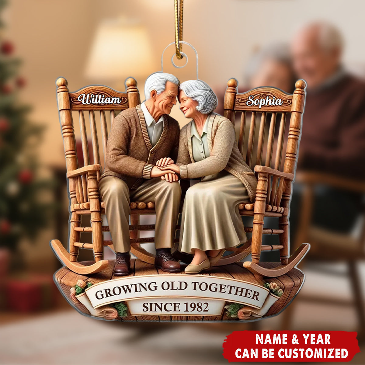 Personalized Rocking Chair Couple Ornament With Name Year & "Growing Old Together" Design | Unique Christmas Gift For Couple Grandparents