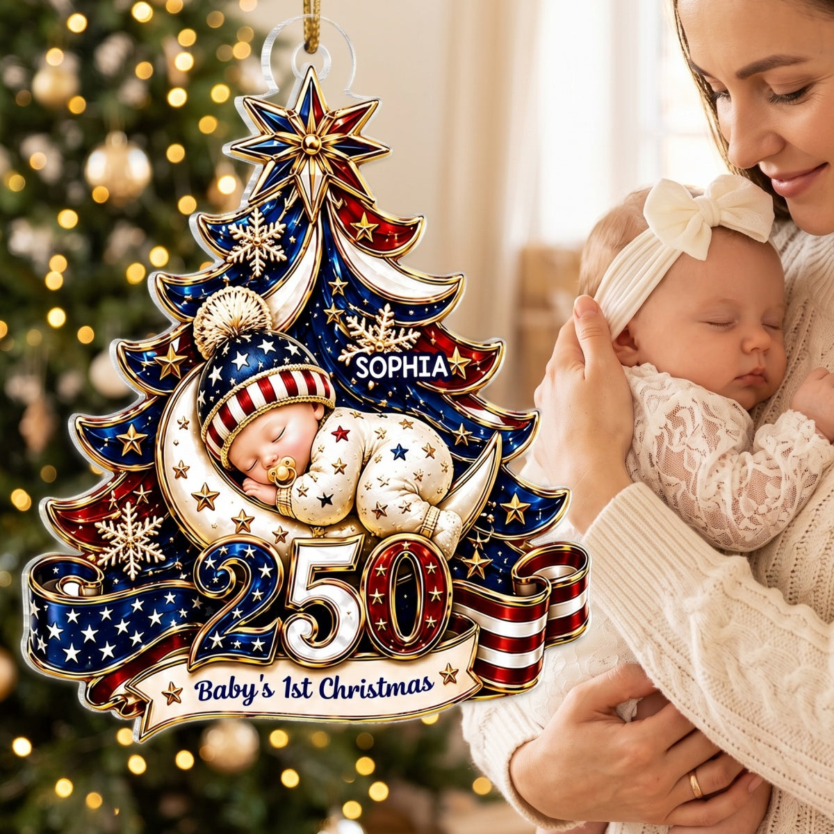 Personalized America 250th Anniversary Baby First Christmas Acrylic Ornament - Gift For Newborn