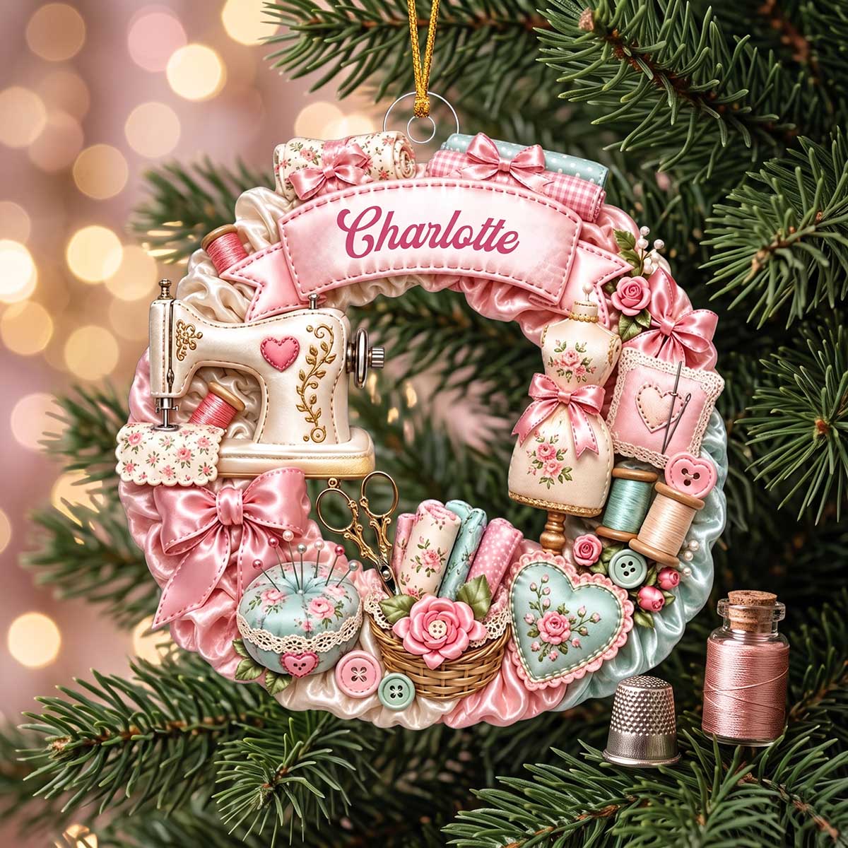 Personalized Sewing Themed Wreath Acrylic Ornament | Christmas Gift For Seamstress Crafter Lover