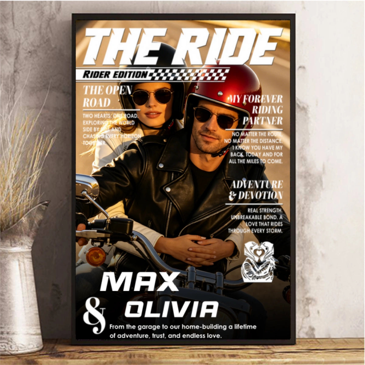 Custom Name & Photo Motorcycle Magazine Cover Poster | Personalized Biker Couple Canvas Art Gift
