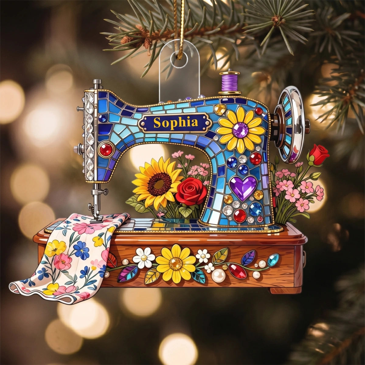 Custom Name 3D Effect Sewing Machine Ornament | Personalized Flower Gift For Tailor Decor Pendant