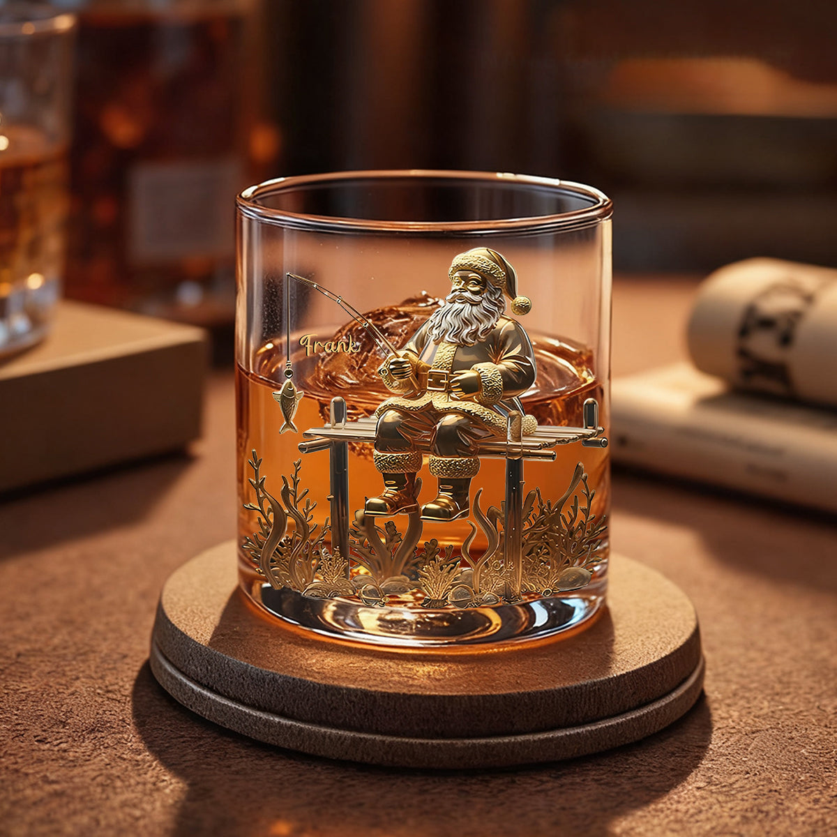 Personalized Santa Claus Fishing Whisky Glass With Name Exclusive Christmas Tipsy Moments For Dad Husband & Friend