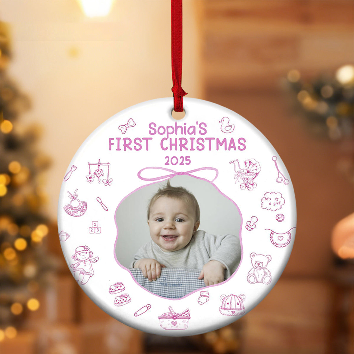 Personalized Baby's First Christmas Ceramic Photo Ornament With Name & Year Featuring Toile De Jouy Design - Adorable Newborn Gift For Parents and Grandparents