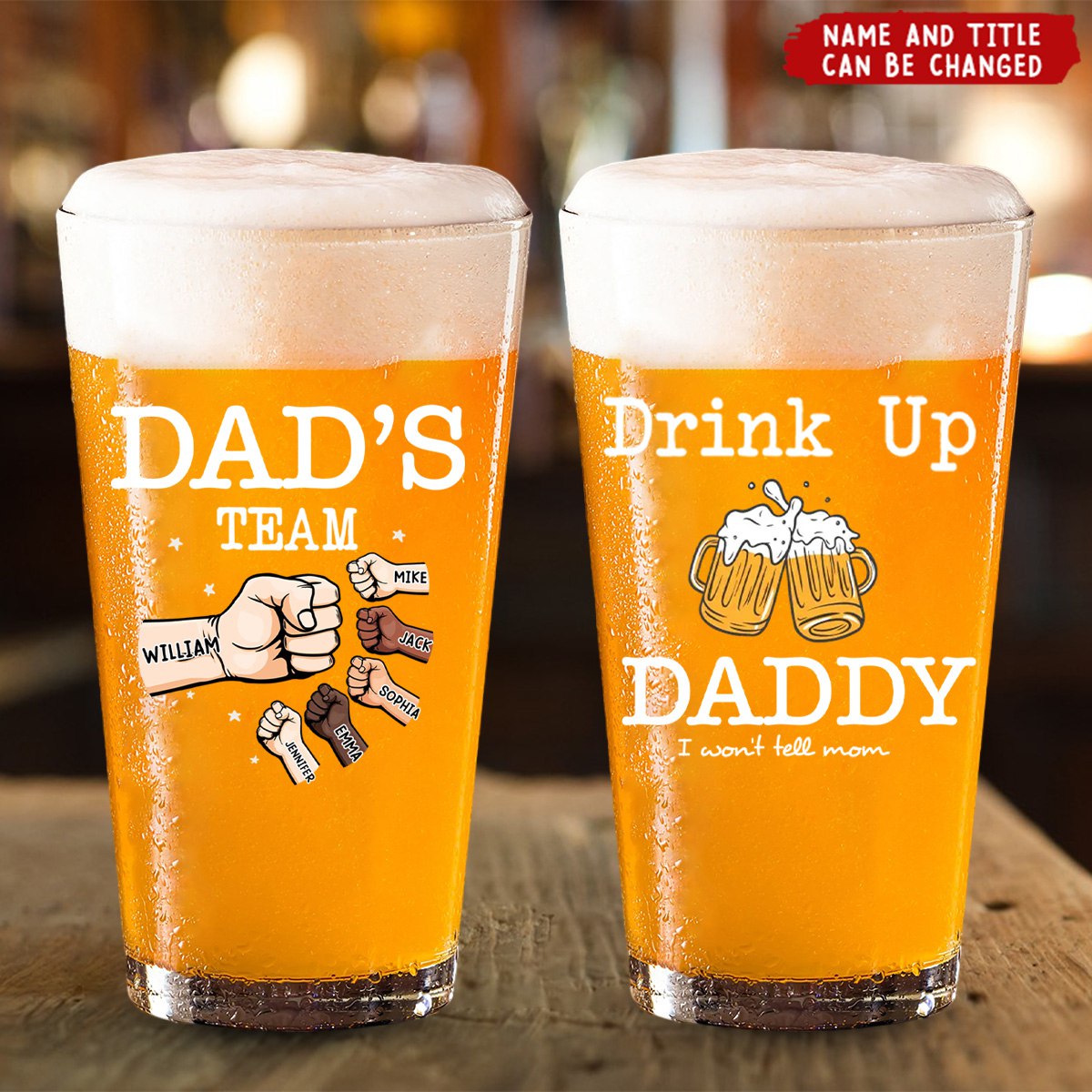 Dad's Personalized Beer Glass -"Drink Up Dad, We Won't Tell Mom", Customized Name & Title | Father's Day, Birthday, Christmas For Dad For Grandpa