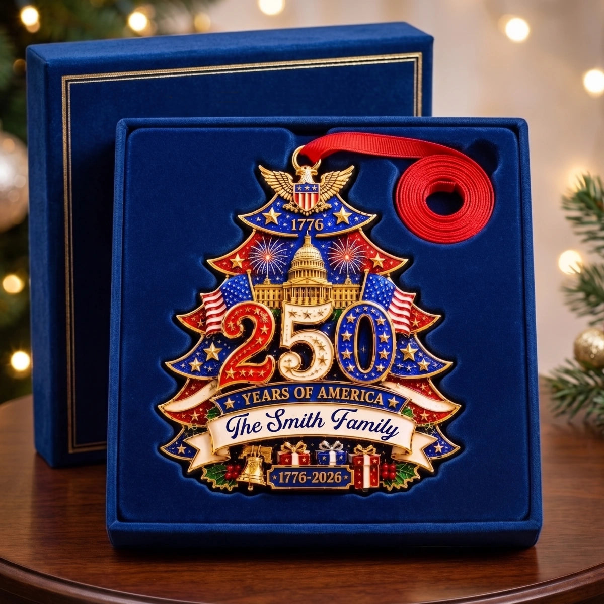 Personalized 250th America Christmas Ornament With Family Name | 2026 Patriotic Gift