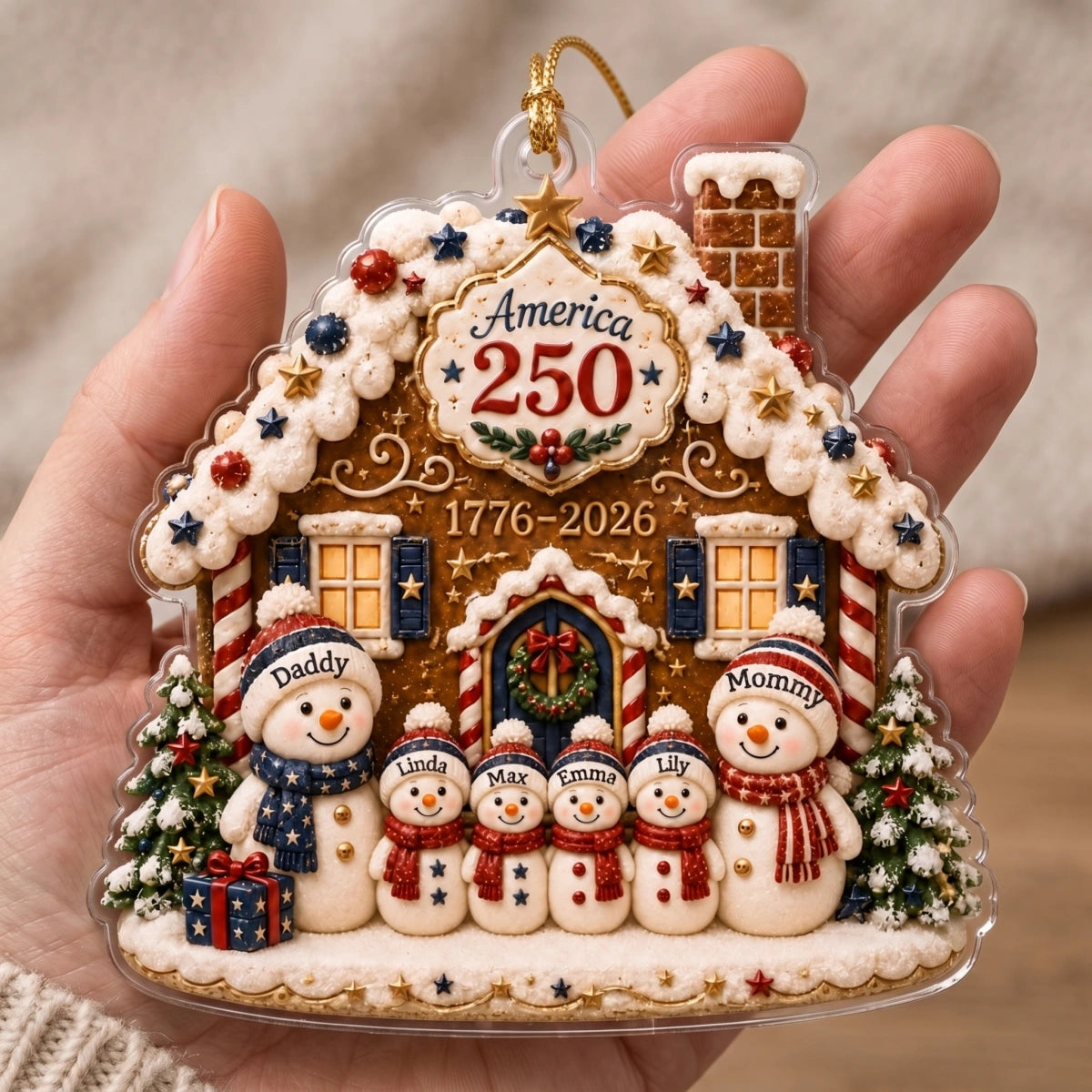 Custom Name 250th Anniversary Christmas Acrylic Ornament - Snowman Family Gingerbread House Decor