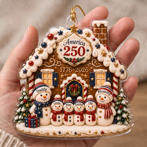 Custom Name 250th Anniversary Christmas Acrylic Ornament - Snowman Family Gingerbread House Decor