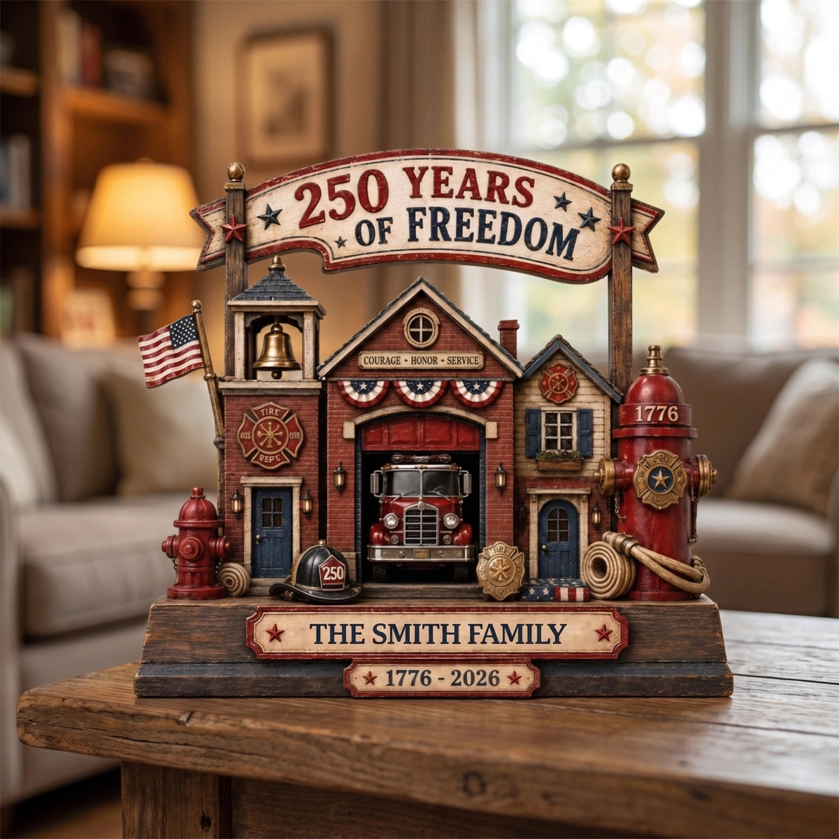 Custom Name Firefighter Family 250 Years Of Freedom Wooden Block | Patriotic Fire Station Decor