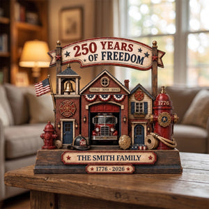 Custom Name Firefighter Family 250 Years Of Freedom Wooden Block | Patriotic Fire Station Decor