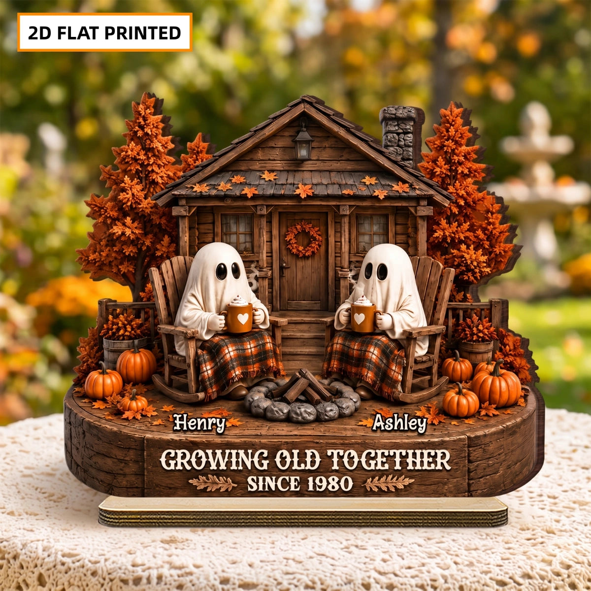 Personalized 2-Layer Ghost Couple Wooden Plaque - Growing Old Together Halloween Decor Gift